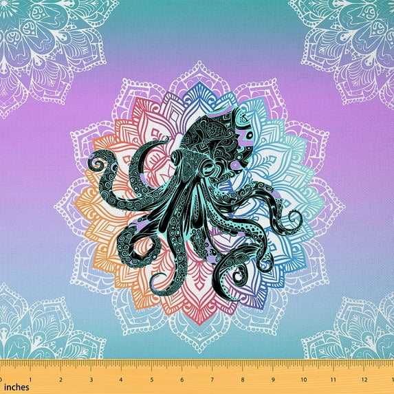 Octopus Fabric By The Yard, Boho Flower Upholstery Fabric, Colorful Mandala Ocean Animal Decorative Fabric, Summer Exotic Ombre Geometric Indoor Outdoor Fabric, Blue Purple, 1 Yard
