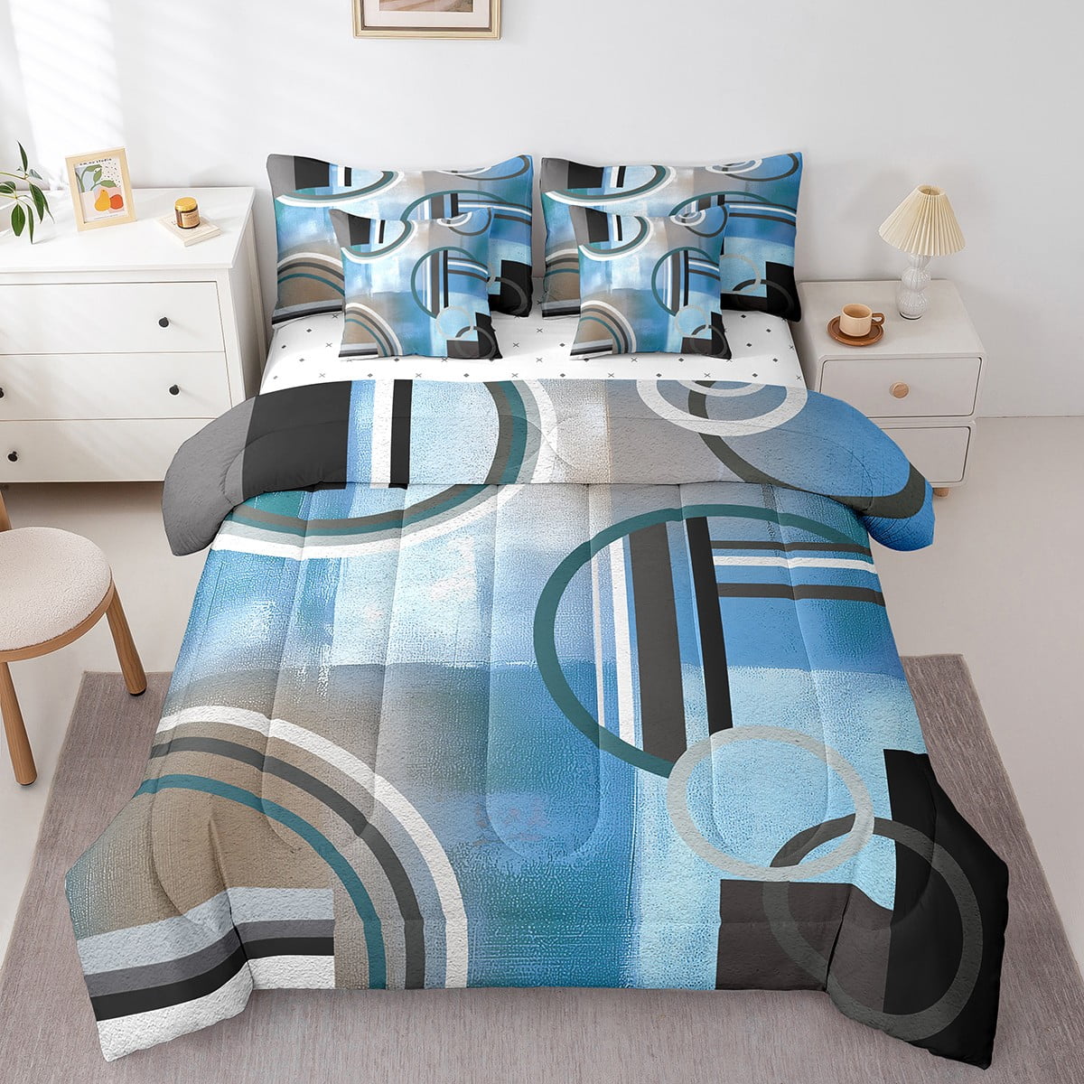 YST Oil Painting Comforter Set 7 Piece King,Geometric Bed in a Bag