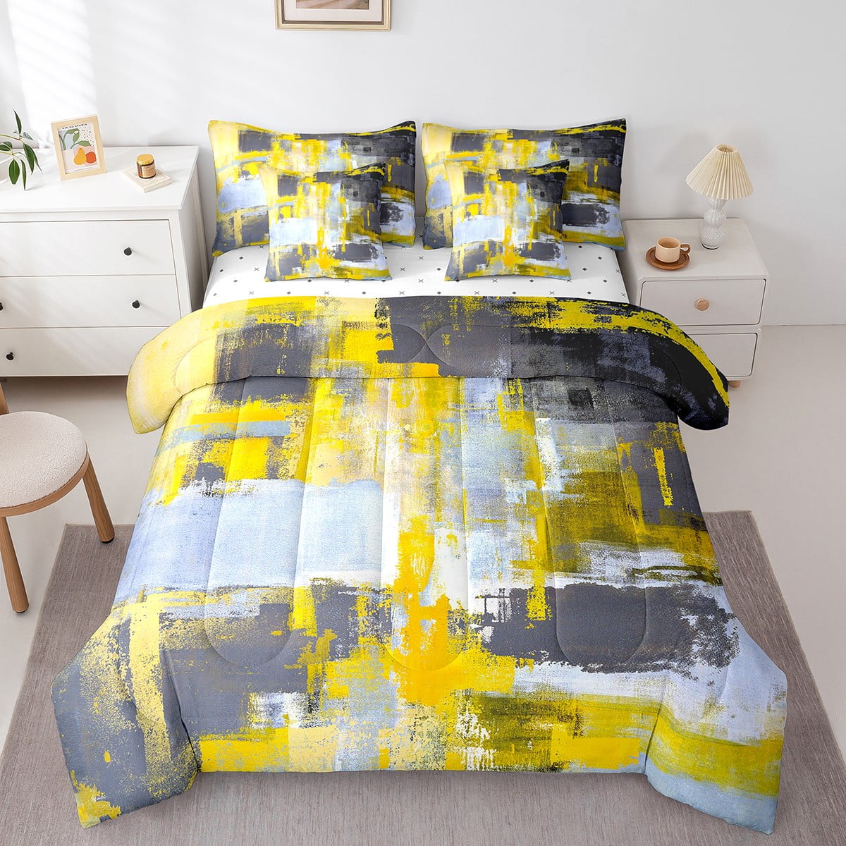 King Size Yellow and Black Abstract Comforter Set