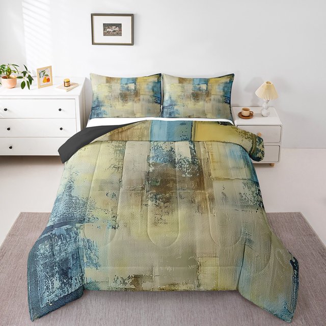 YST Olive Grey Watercolor Queen Size Comforter Set Retro Ombre Bedding