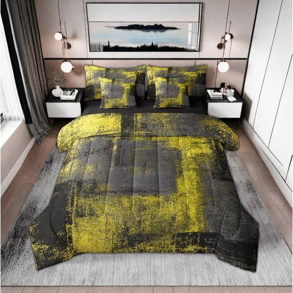 Ombre Abstract Full Comforter Set 7 Piece Yellow Black Dark Grey Bed In A Bag Pillow Covers Grunge Hippie Graffiti Bedding Set Oil Painting Artwork Bed Set Reversible Black