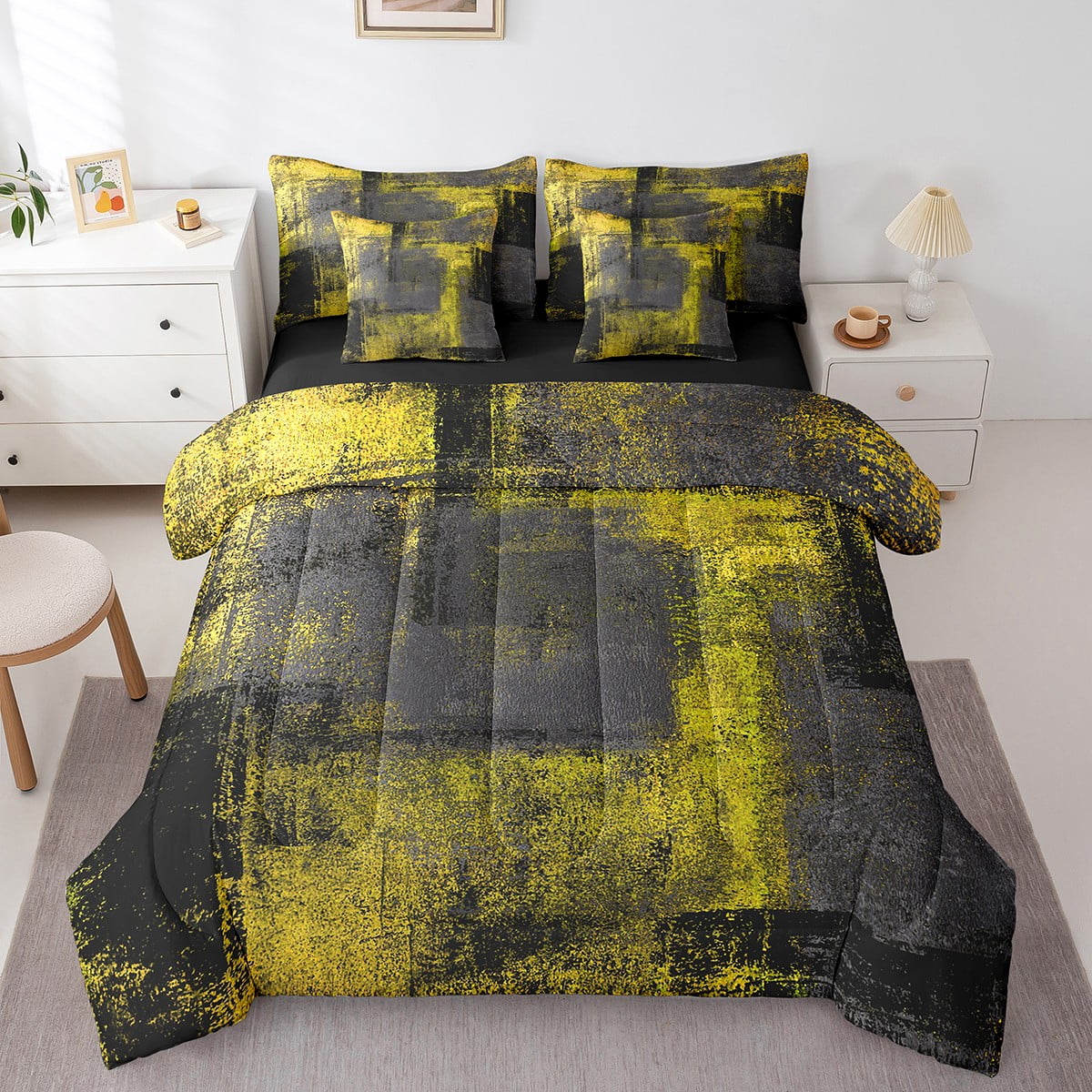 YST Ombre Abstract Full Comforter Set 7 Piece Yellow Black Dark Grey