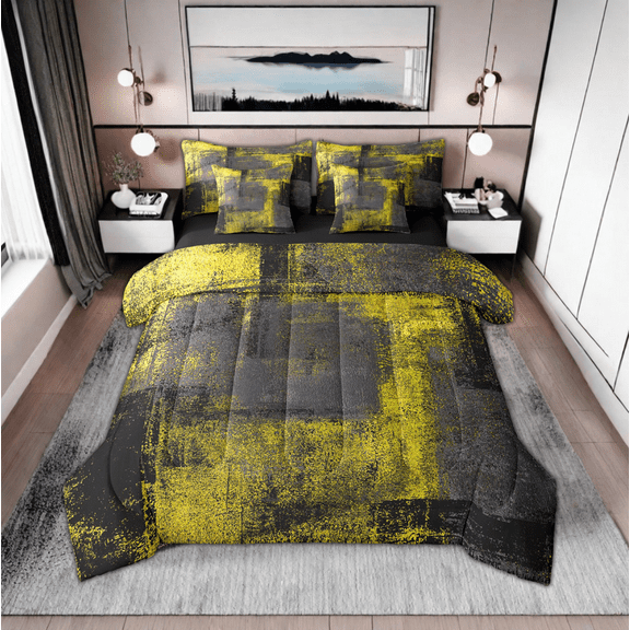 Ombre Abstract Queen Comforter Set 7 Piece Yellow Black Dark Grey Bed In A Bag Pillow Covers Grunge Hippie Graffiti Bedding Set Oil Painting Artwork Bed Set Reversible Black