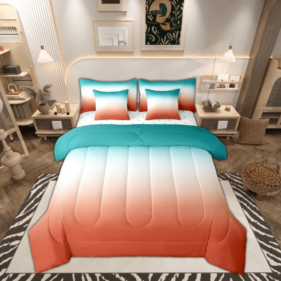 Ombre Bedding Set Orange and Green Gradient 7 Piece Bed in a Bag Twin Size Colorful Rainbow Down Comforter Farmhouse Modern Abstract Art Pastel Top Sheet Teens