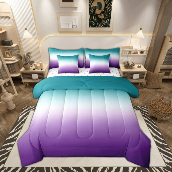 Ombre Comforter Set Green Purple Teal Bedding Set Full Size Colorful Gradient Reversible Bed in a Bag 7 Pcs(1 Comforter,2 Pillowcases,1 Flat Sheet,1 Fitted Sheet,2 Throw Pillow Covers)