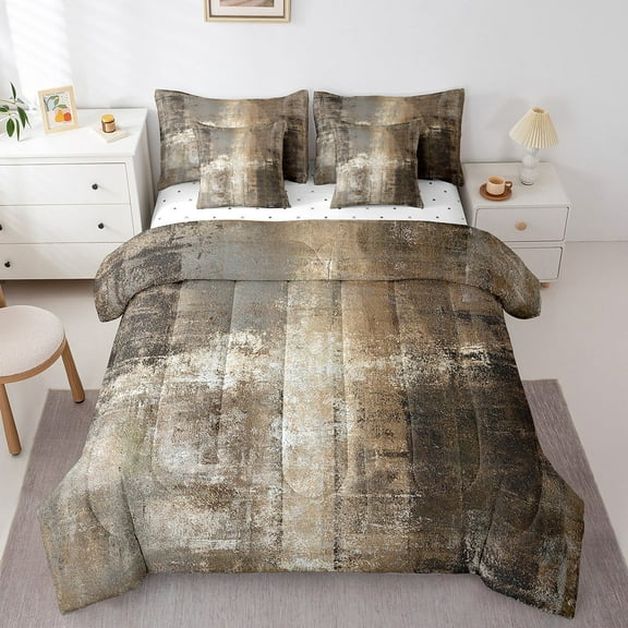 Ombre Comforter Set for Men Women,Oil Painting Bedding Set King Size,Grunge Brown Grey Duvet Insert,Farmhouse Watercolor Reversible Bed Sets with Sheet Set,7 Piece