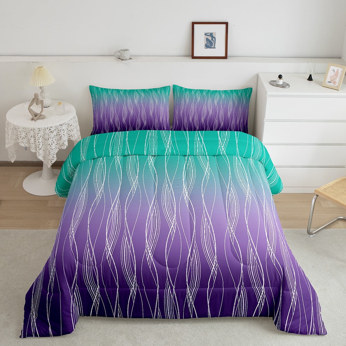 Gradient Green & Black Bedding Set - 7-Piece Queen Comforter Set With Abstract Stars, Neon Aesthetic, Includes Sheets