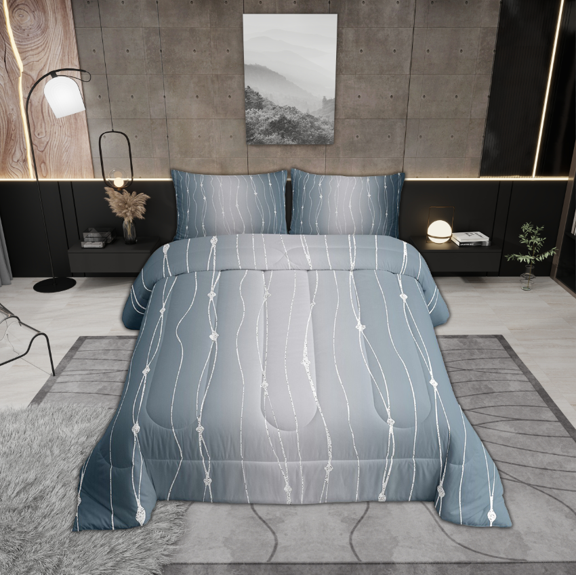 Ombre Grey Comforter King Aesthetic Geometric Bedding Set, Dots and Wave Stripe Bed Set Watercolor Gradient Down Comforter, Abstract Lines Quilted Duvet 3 Piece