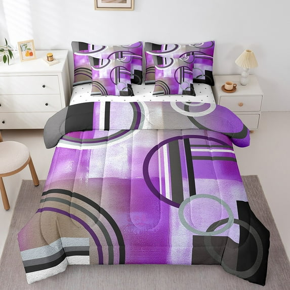 YST Ombre Purple Grey Bed in a Bag Queen Size,Oil Painting Circles Comforter Set Bedroom Decor,Modern Geometric Stripes Lines Down Comforter,Abstract Grunge Artwork Fitted Sheet 7 Pcs