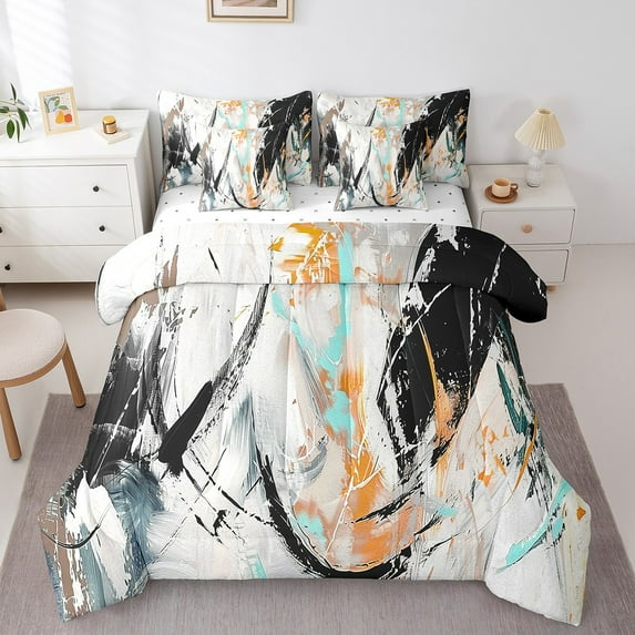 Orange And Black Comforter Set Full Abstract Graffiti Bed In A Bag 7 Piece Oil Painting Grunge Bedding Set Aesthetics Room Decor Adults Contemporary Artwork Bed Sheet Set
