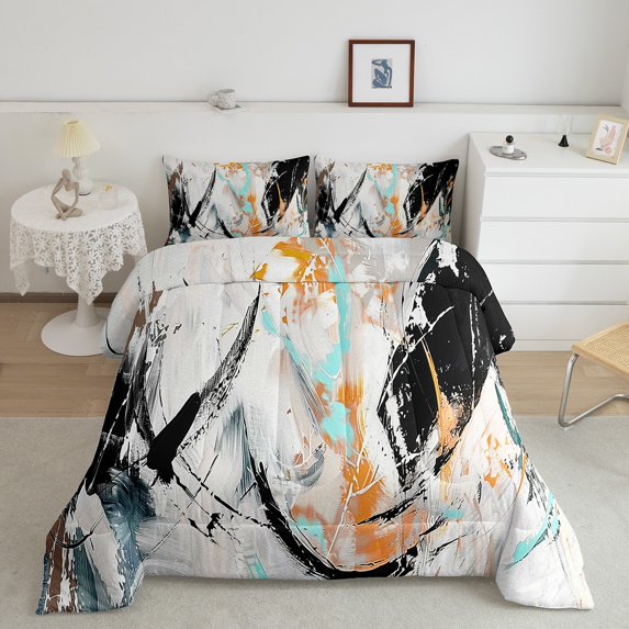 Orange And Black Comforter Set King Abstract Graffiti Down Comforter Oil Painting Grunge Bedding Set Aesthetics Room Decor Adults Contemporary Artwork Quilt Duvet 3 Pcs