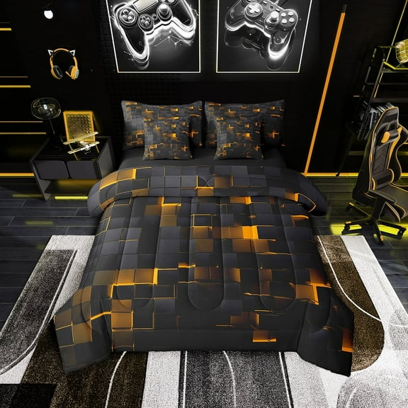 Orange And Black Comforter Set Queen Neon Geometric Checkered 7 Piece Bed in a bag Teen Men,Stereoscopic Grid Plaid Bedding Comforter Sets Glowing Square Bed Set
