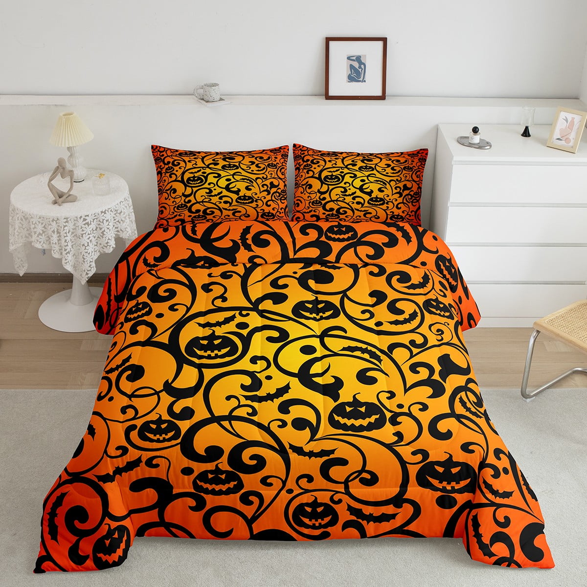 YST Orange Black Ombre Gothic Bedding Set King Pumpkin Bat Comforter