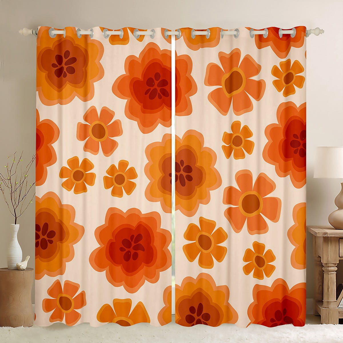 YST Orange Cartoon Daisy Curtains & Drapes,70s 80s Groovy Flowers ...