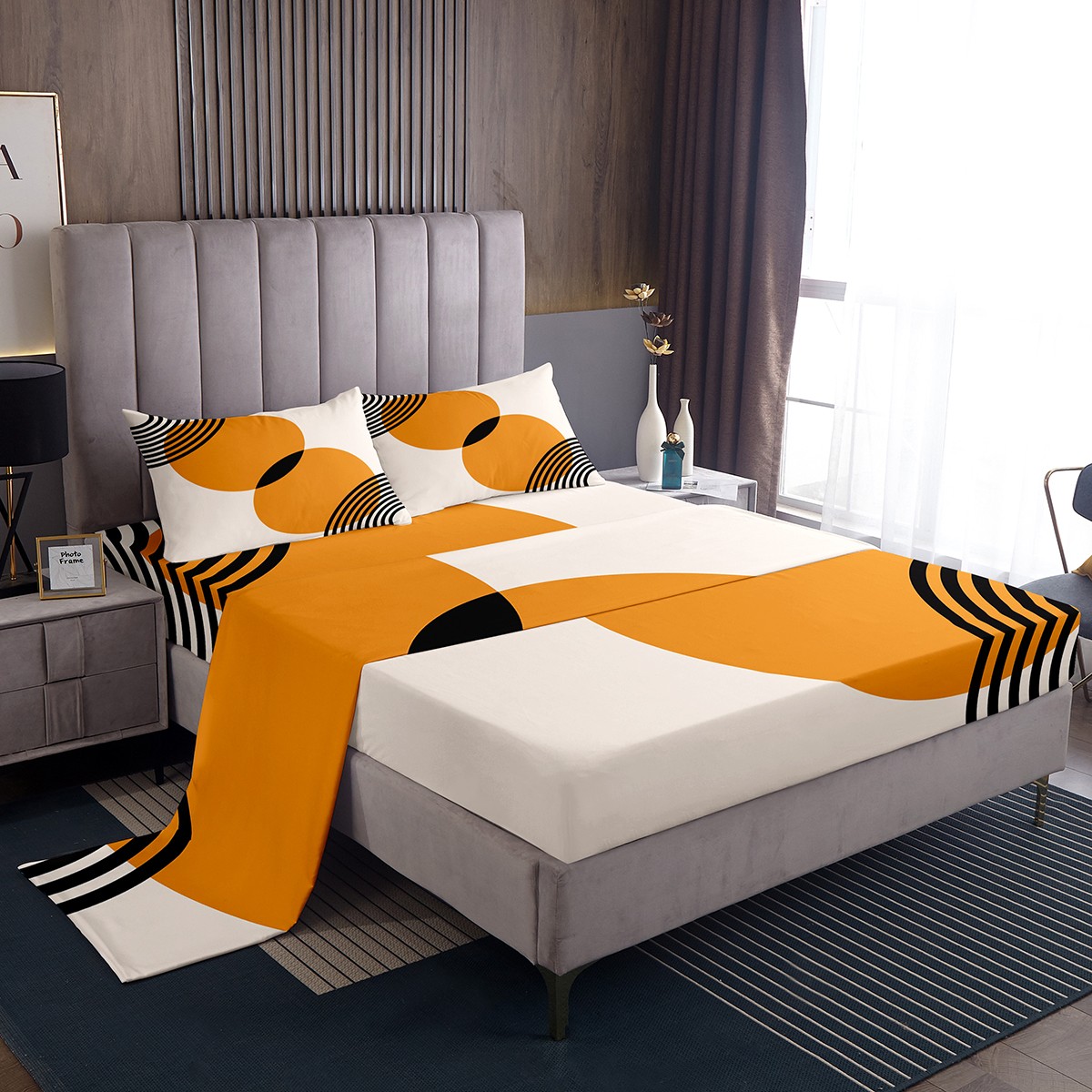 YST Orange Minimalist Bed Set Mid Century Bed Sheets Set, Geometric ...
