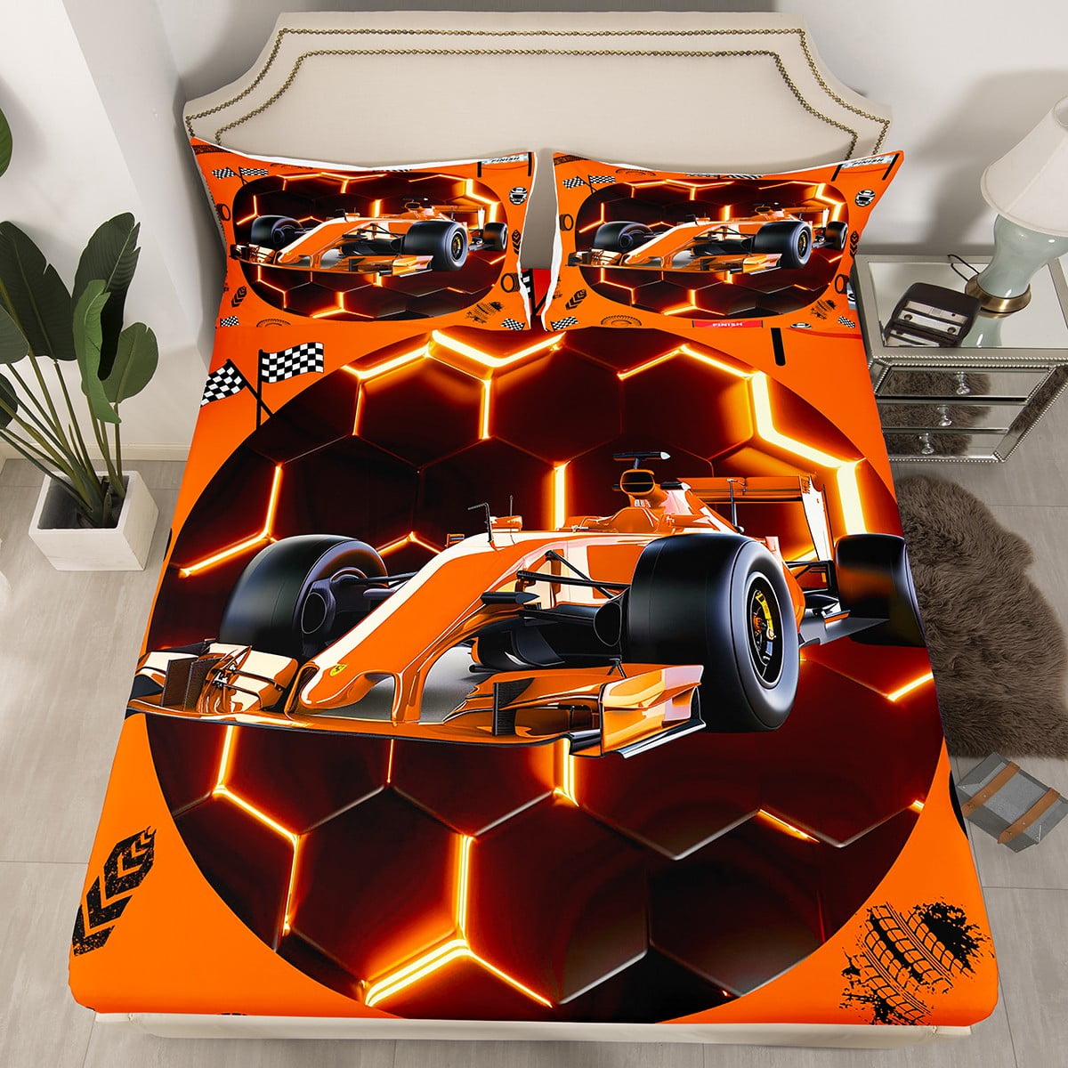 YST Orange Race Car Bedding Set Full Neon Honeycomb Racing Car Games ...