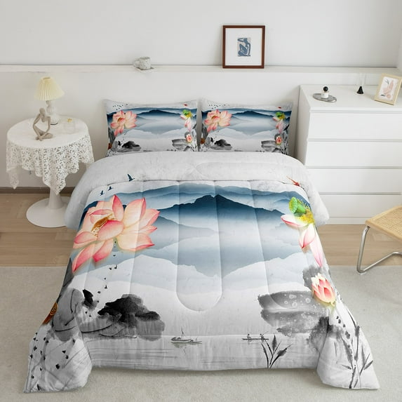 Erosebridal Oriental Style Comforter Set Twin Pink Lotus Flower Bedding Set Women, Watercolor Painting Bedding Comforter Sets Mountain Silhouette Duvet, Botanical Floral Quilted Comforter