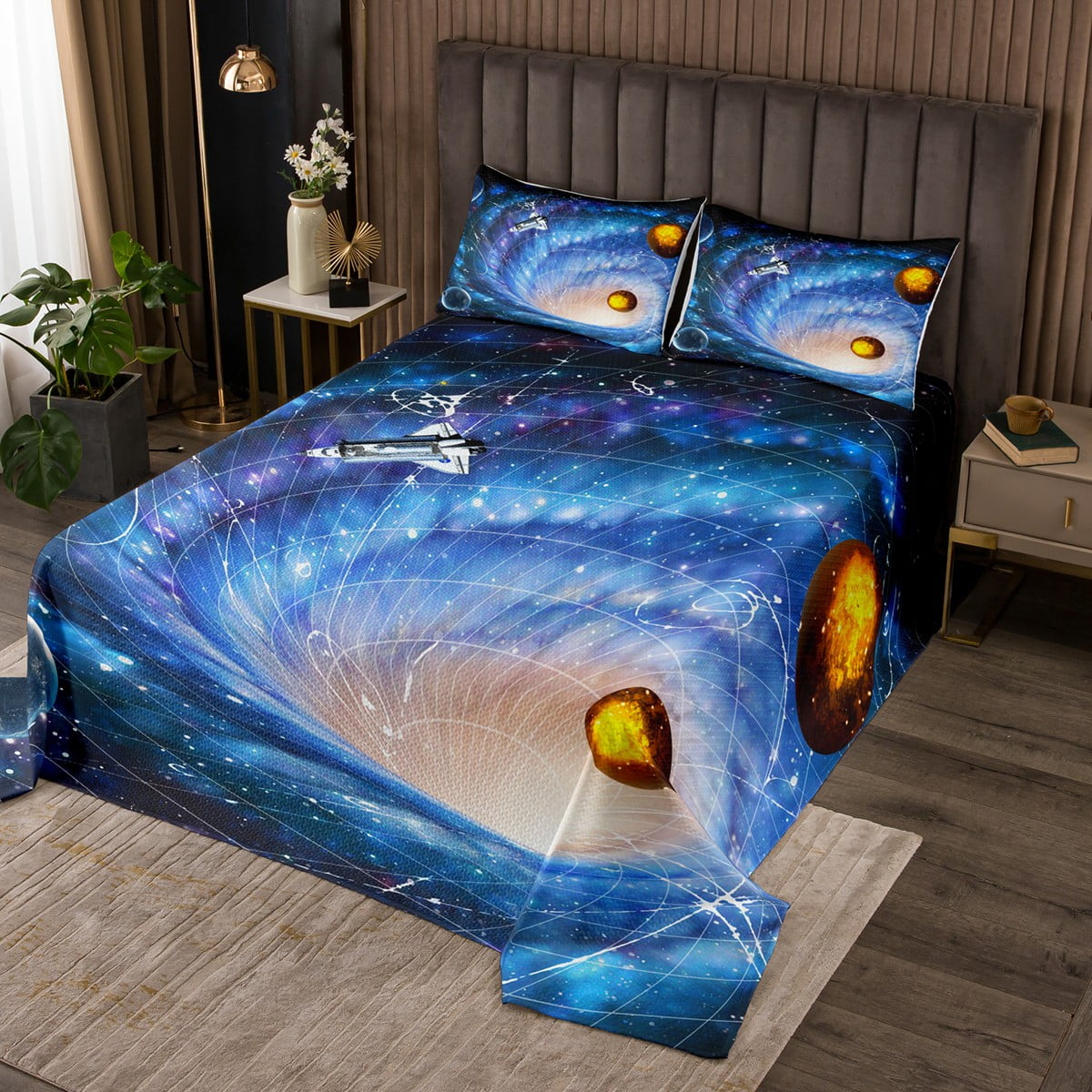 YST Outer Space Bedspread Twin for Boys Blue Galaxy Quilt Set, 3D