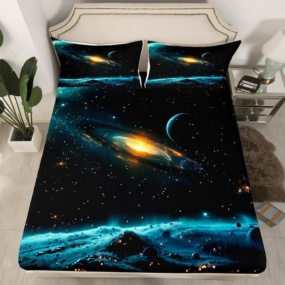 Outer Space Fitted Sheet Bedroom Decor 3D Galaxy Print Bed Sheets Universe Starry Sky Bed Sheets Set Mystery Milky Way Sheets Queen