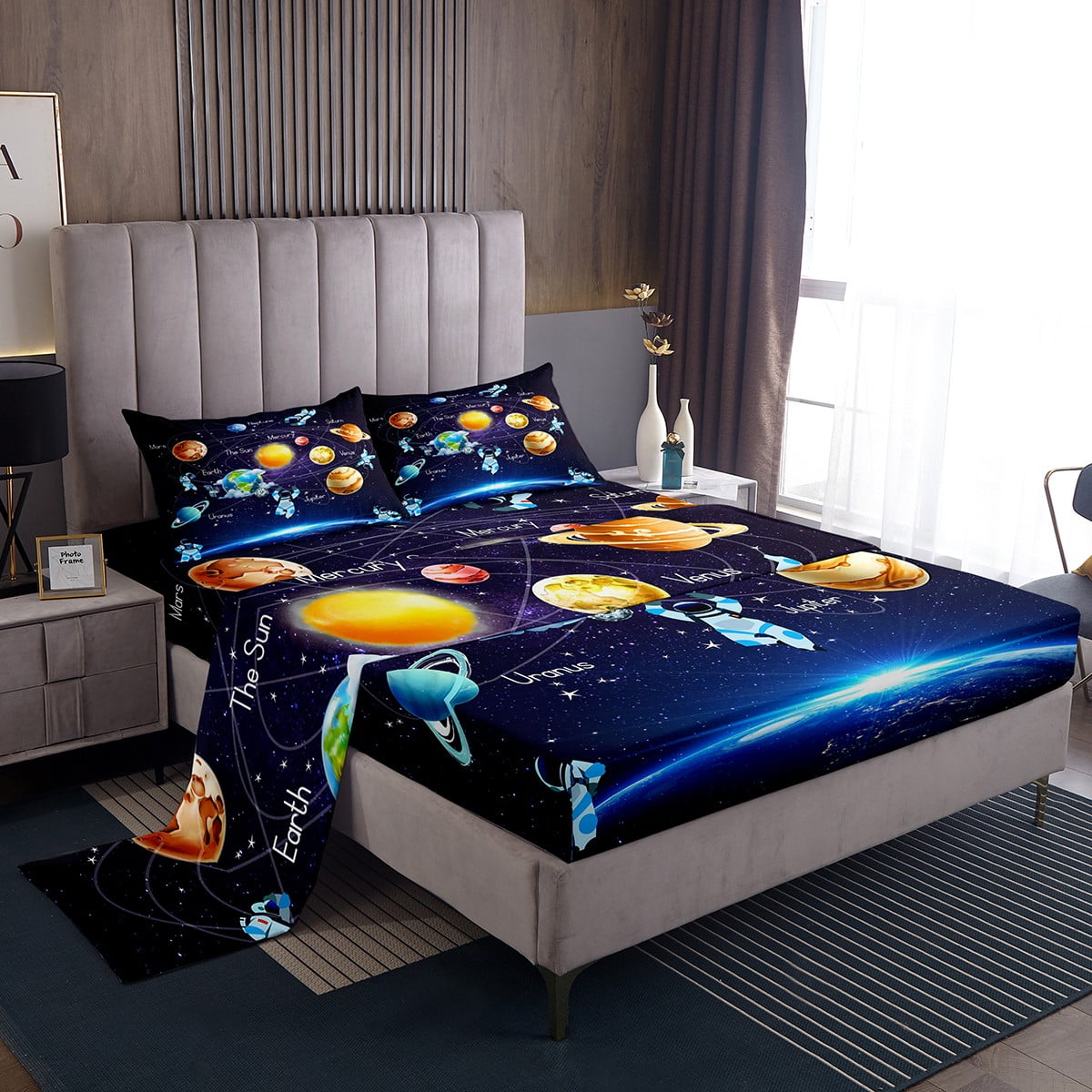 Outer Space Twin Bed Sheets Set Kids Boys Fitted Sheet, Solar