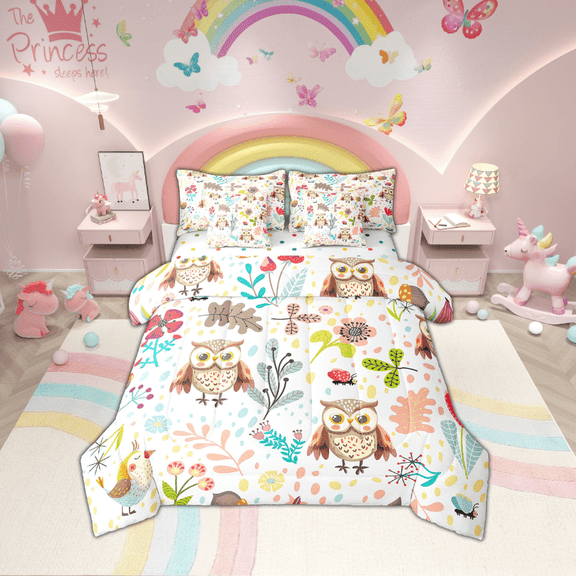 Owl Bed In A Bag With Sheets Full Cute Owl Bird Comforter Set 7 Piece Woodland Leaf Flower Animal Bedding Set Kawaii Cartoon Jungle Plant Butterfly Bed Set