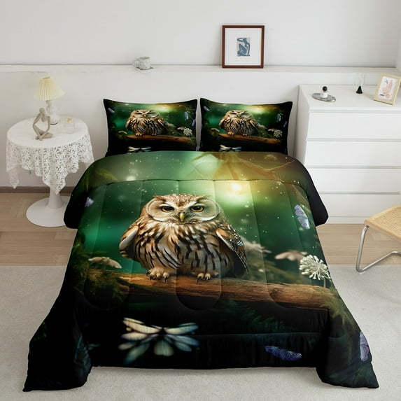 Owl Bedding Comforter Sets Bird Animal Comforter Set Twin 3D Owl Decor Gifts Bedding, Cartoon Owl Butterfly Decorations Quilt Watercolor Printed Branches Duvet Insert 2Pcs