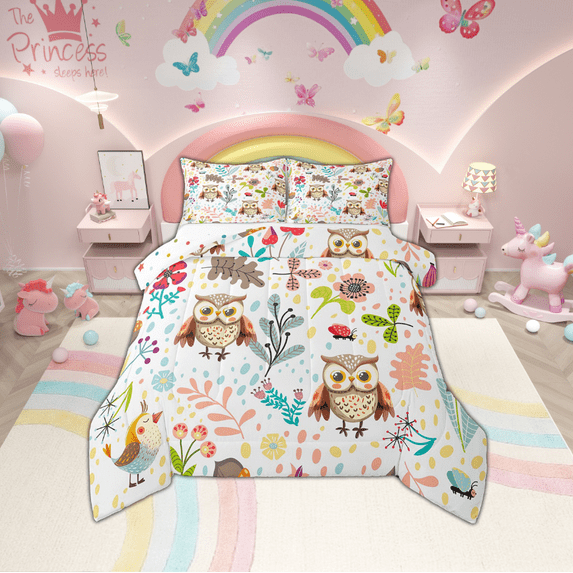 Owl Bedding Set Queen Cute Owl Bird Comforter Set Woodland Leaf Flower Animal Bedding Comforter Sets Kawaii Room Decor,Cartoon Jungle Plant Butterfly Quilt Set