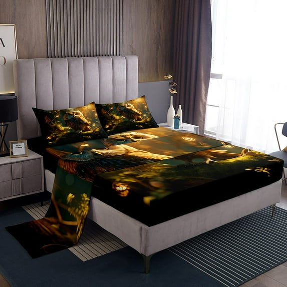 Erosebridal Owl Sheets Queen Cartoon Bird Safari Animal Bed Sheets Set Wild forest Woodland Animal Print Sheet Set Soft Microfiber Bed Set 4Pcs Queen - Fitted Sheet Top Sheet 2 Pillowcases