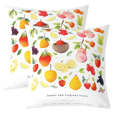 Pack of 2 Cartoon Strawberry Peach Orange Fruit Throw Pillow Covers Kawaii Grape Lemon Apple Pillow Covers Sweet Fragrant Fruits Pattern Cushion Covers for Sofa Bed Couch,18X18