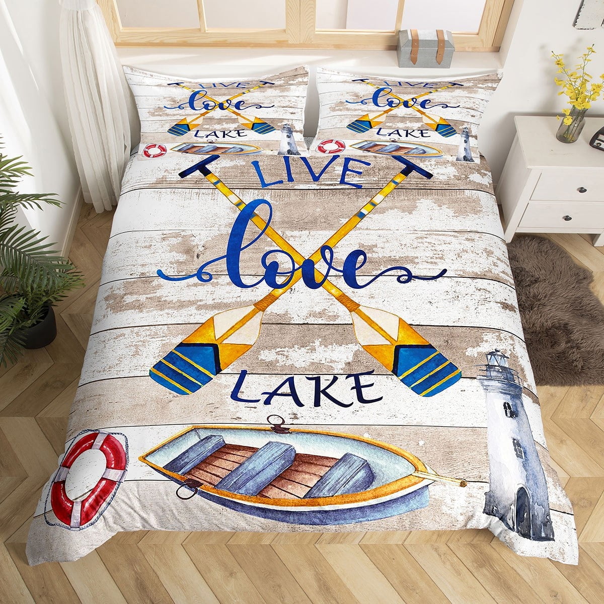 YST Paddles Boat Lighthouse Duvet Cover Lake House Decor Bedding Set