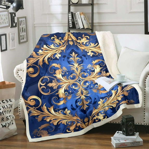 Paisley Blanket Flower Throw Blanket, Navy Blue Gold Fleece Blanket Golden Floral Sherpa Blanket, Bohemian Hippie Fuzzy Blanket Teen Adults Bedroom D茅cor, Lightweight