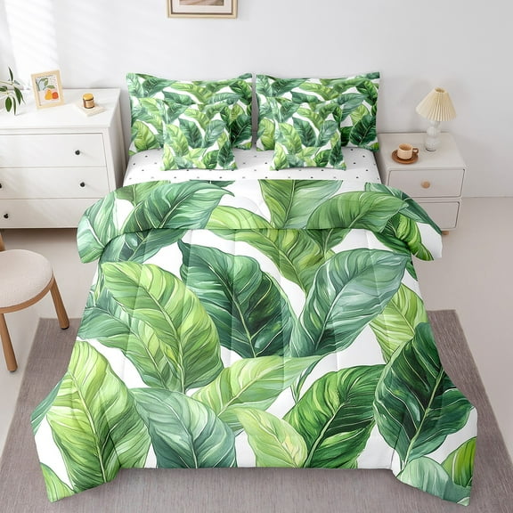 Palm Leaves Bedding Sets 7 Piece,Tropical Botanical Sheet Set With Comforter Full Size,Green Leaf Comforter Set Vegetation Plant Bed In A Bag Bedding Comforter Sets,Green White