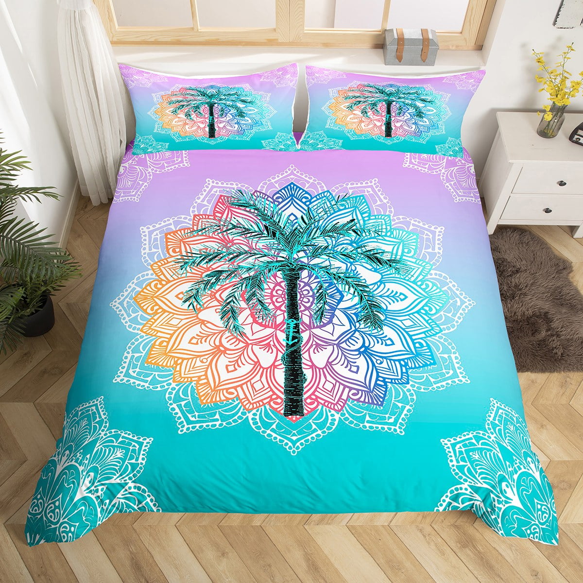 YST Palm Tree Duvet Cover Full, Boho Flower Bedding Set for Children, Colorful Mandala Ocean