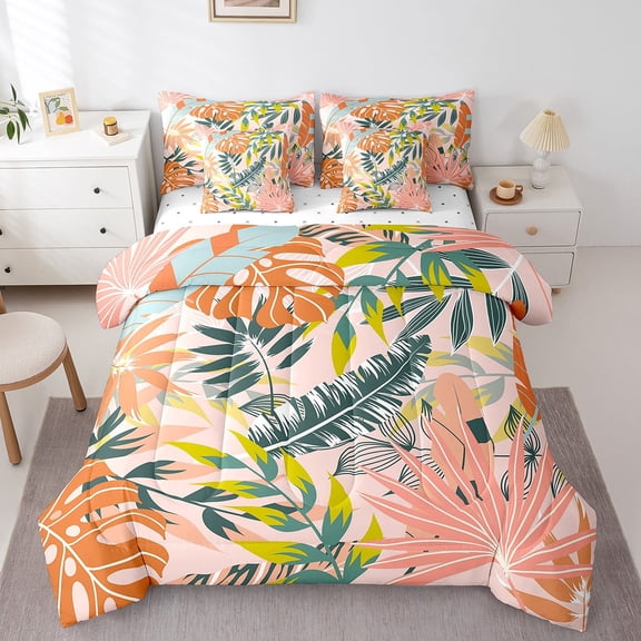 Erosebridal Palm Tree Leaves Bedding King Size 7 Pieces Tropical Jungle Comforter Set, Botanical Plants Bedding Comforter Sets Colorful Leaf Bed in a Bag, Pink Green Orange Bedding Accessories