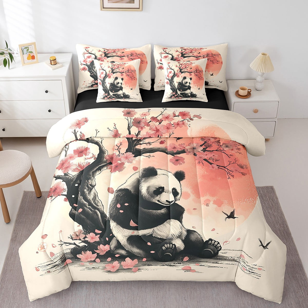 Feelyou Panda & Cherry Blossom Comforter Set - Twin Size Japanese Floral Bedding For Kids Room - View #5