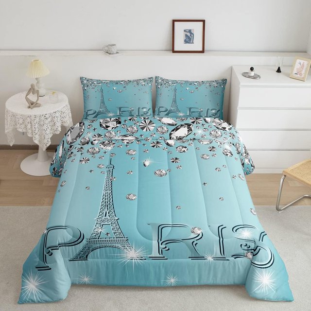 YST Paris Bedding Set for Girls Teens,Eiffel Tower Sequins Comforter