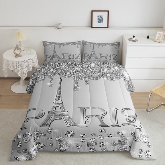 Paris Comforter Set Full Women,Glitter Eiffel Tower Bedding Set,Grey Gradient Diamond Duvet Insert,Girly Sequins Quilt Comforter with 2 Pillowcases Home Room Decor