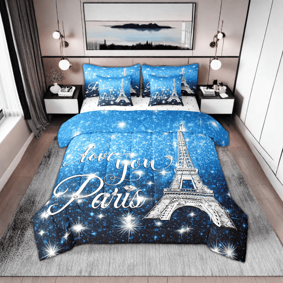 Erosebridal Paris Comforter Set Teens,Eiffel Tower Bed in A Bag Twin,Watercolor Blue Sparkles Sequins Bedding Sets,(Not Real) Diamond Reversible Bed Sets with Sheet Set,7 Piece