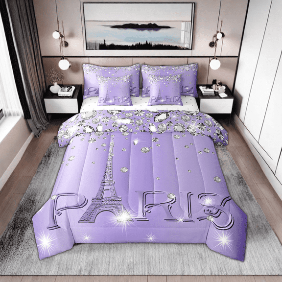Erosebridal Paris Comforter Set Teens,Eiffel Tower Sequins Bed in A Bag King,Purple Ombre Sparkles Bedding Sets,(Not Real)Diamond Reversible Bed Sets with Sheet Set 7 Piece