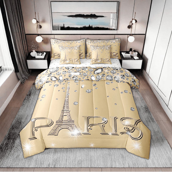 Paris Comforter Set Queen for Women,Girly Glitter Eiffel Tower Bed in A Bag for Valentine's Day Gift,(Not Real)Diamond Bed Sets with Sheet Set and Cushion Cases,7 Piece