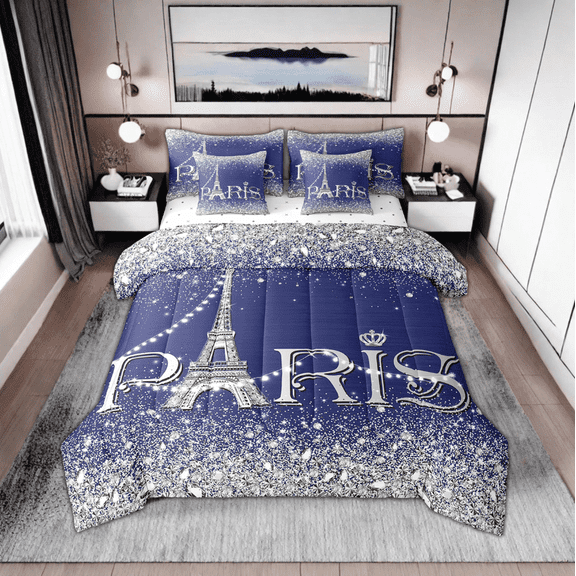 Paris Comforter Sets Full for Women,Girly Glitter Eiffel Tower Bed in A Bag for Valentine's Day Gift,(Not Real)Diamond Bedding Sets,Sparkles Sequins Reversible Bed Sets with Sheet Set