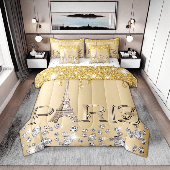 Erosebridal Paris Comforter Sets King for Women 7 Piece,Girly Glitter Eiffel Tower Bedding Set Valentine's Day Diamond Bed in A Bag,Golden Sparkles Sequins Reversible Bed Sets with Sheet Set