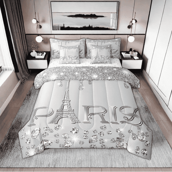 Paris Comforter Sets King for Women,Girly Glitter Eiffel Tower Bed in A Bag for Valentine's Day Gift,(Not Real)Diamond Bedding Sets,Sparkles Sequins Reversible Bed Sets with Sheet Set