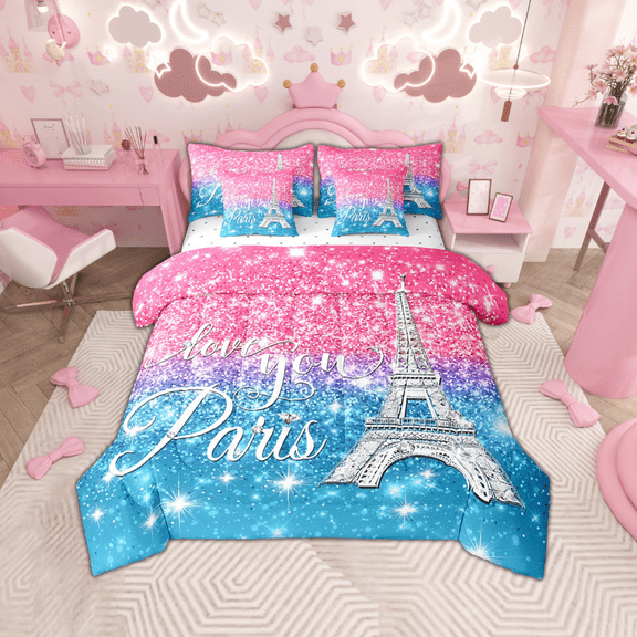 Paris Comforter Sets King for Women,Girly Glitter Eiffel Tower Bed in A Bag for Valentine's Day Gift,(Not Real)Diamond Bedding Sets,Sparkles Sequins Reversible Bed Sets with Sheet Set