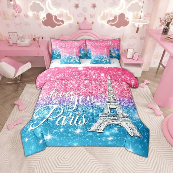 Paris Comforter Sets Queen for Women,Girly Glitter Eiffel Tower Bed in A Bag for Valentine's Day Gift,(Not Real)Diamond Bedding Sets,Sparkles Sequins Reversible Bed Sets with Sheet Set