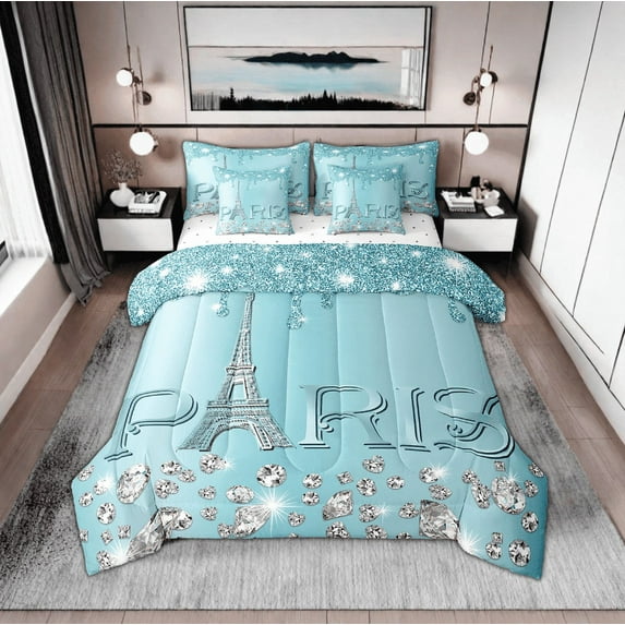 Paris Comforter Sets Twin Bed in A Bag,Girly Glitter Eiffel Tower Bedding for Valentine's Day Gift,(Not Real)Diamond Quilted,Sparkles Sequins Reversible Bed Sets with Sheet Set