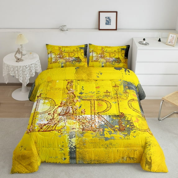Paris Print Bedding Queen Size Women Yellow Ombre Comforter Set Queen, Gradient Aesthetic Duvet Insert Grunge Watercolor Art Quilt Set, Romantic French Bedding Comforters & Sets