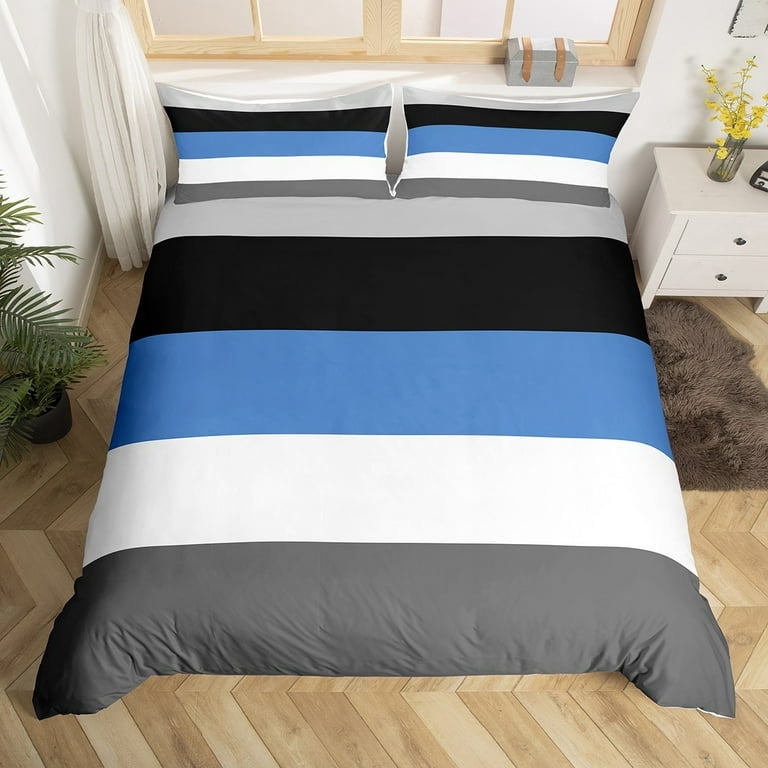 YST Patchwork Striped Comforter Cover Queen Boys Blue Black Dark Gray Bedding Set Bedroom Dorm Decor Kids Modern Simple Light Grey White Stripes Duvet