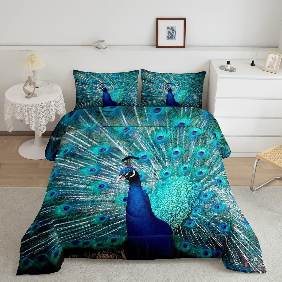 YST Peacock Bedding Set Queen Size Teal Cute Animal Pattern Comforter
