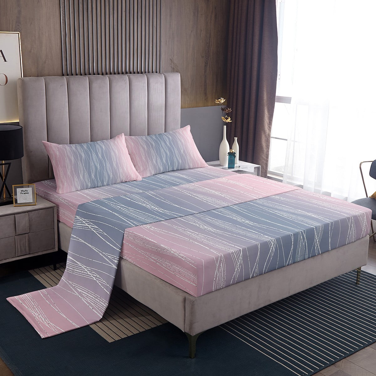 YST Pink And Grey Full Sheet Set For Girls,Pink Watercolor Ombre Bed